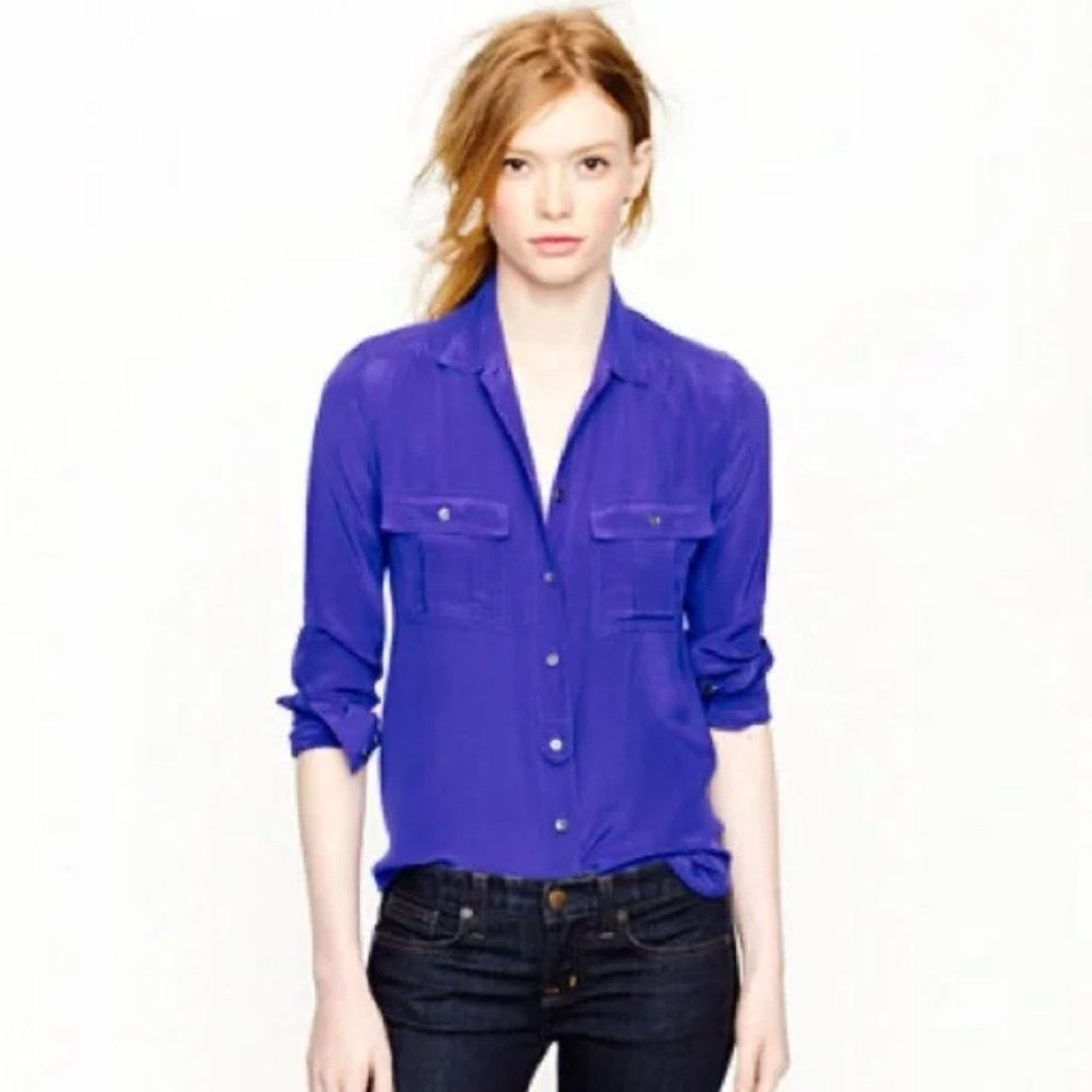 J.Crew Royal Blue Silk Blythe Button Down Shirt - Sz 4